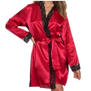 Fredericks of Hollywood Red Satin Lace Trim Robe Kimono Babydoll Lingerie 1X